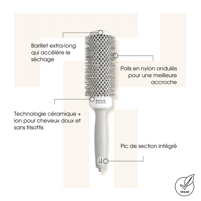 Les atouts de l'Expert Blowout Speed : barillet extra-long, poils en nylon ondulés, technologie céramique et ions, pic de section intégré