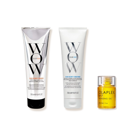 Routine Cheveux colorés : shampoing et après-shampoing Color Security de Color Wow, huile N°7 d'Olaplex