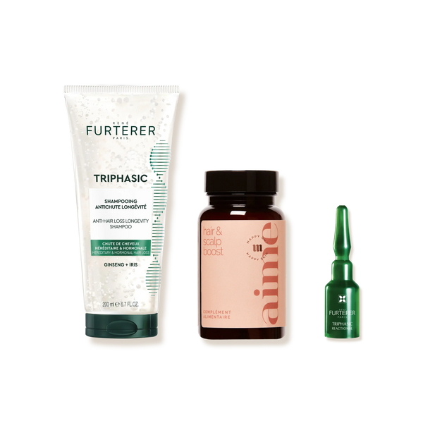 Routine Chute de Cheveux Thomas Tuccinardi : shampoing Triphasic, traitement Triphasic Reactional et gélules Hair and Scalp Boost